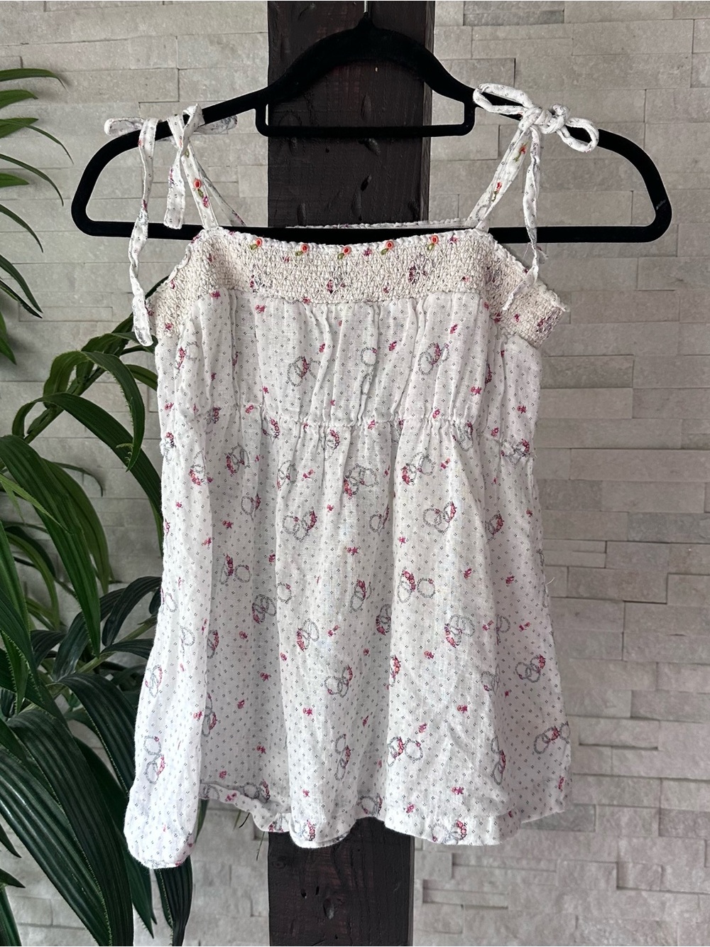 Free People White Floral Tie-Shoulder Smocked Babydoll Tank Top Size M
